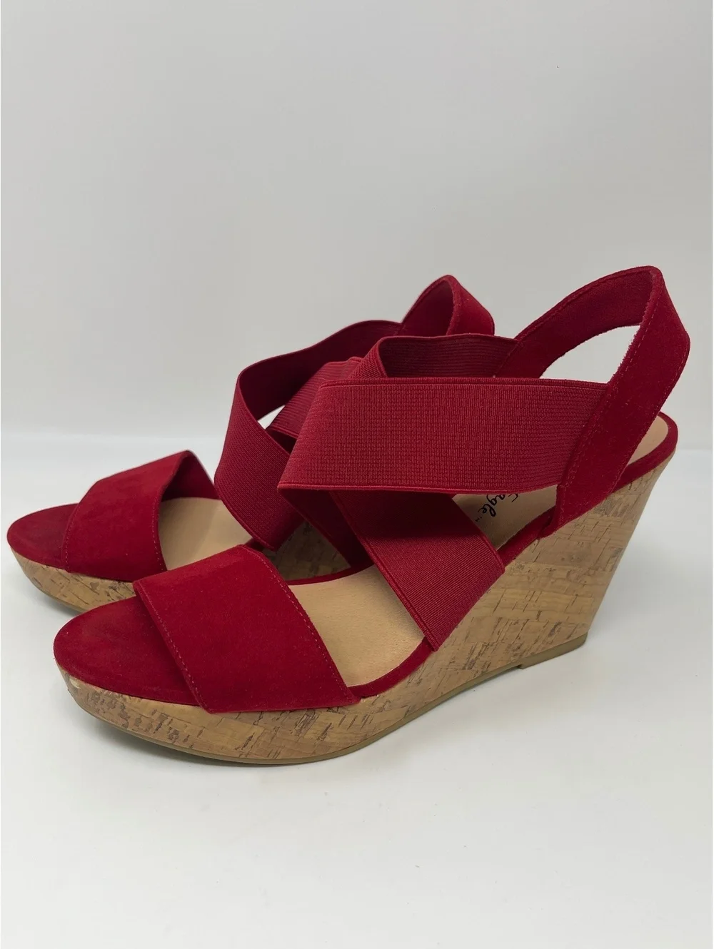 American Eagle Heels Womens Sz 9.5 Wedge Platform Sandals Red Suede Elastic Cork